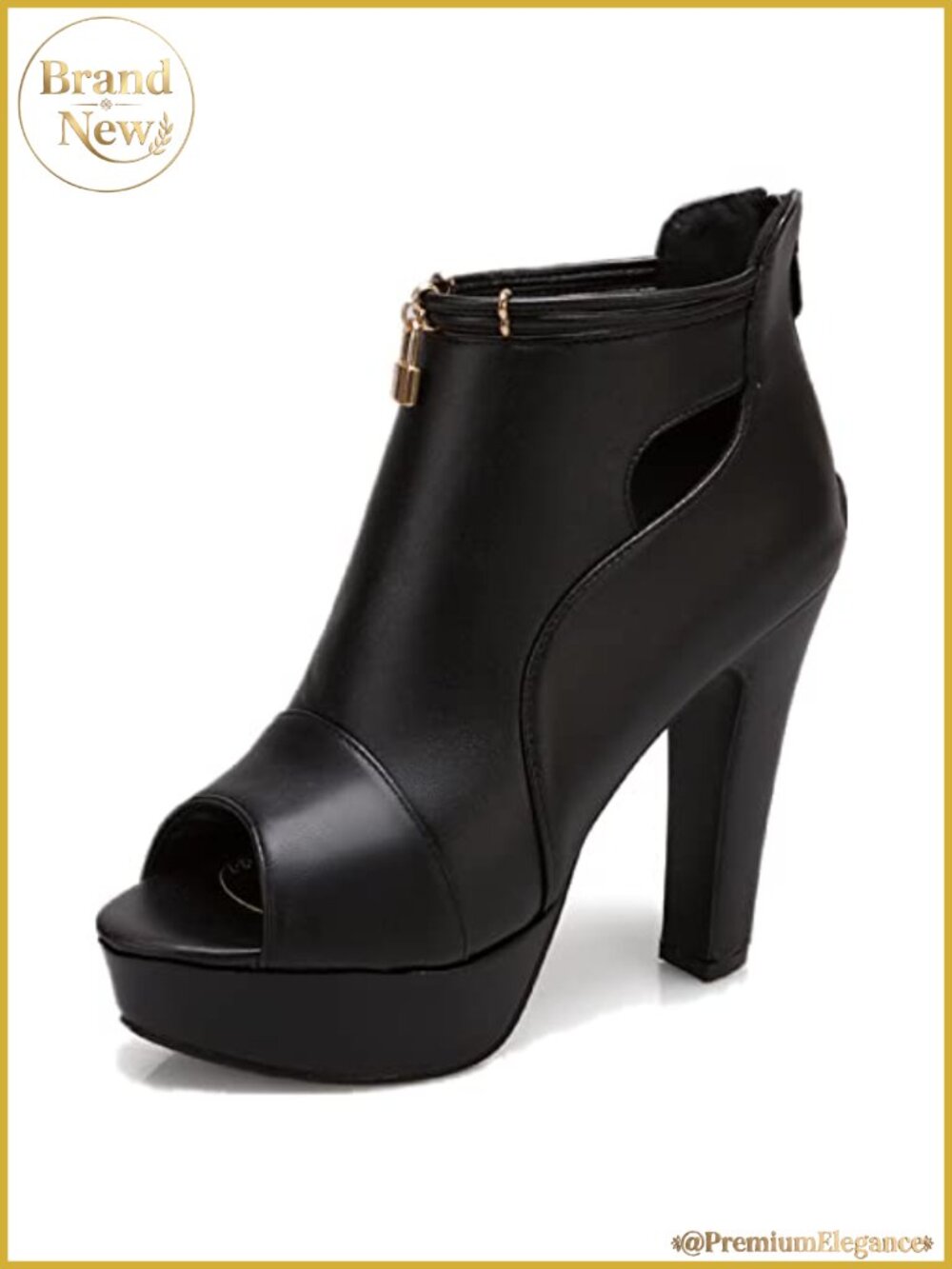 Women's Peep Toe Platform Ankle Boots Block High Heel Cutout Gold Lock Zipper